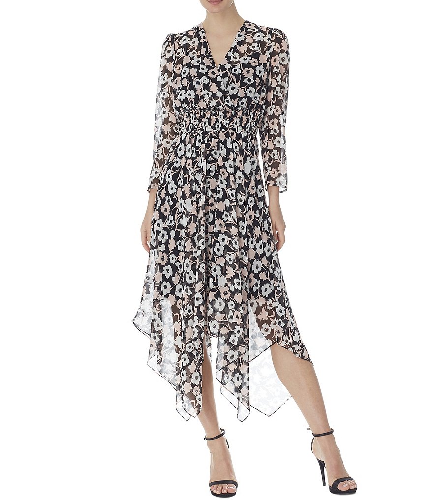 Anne Klein V-Neck 3/4 Sleeve Floral Handkerchief Hem Midi Dress