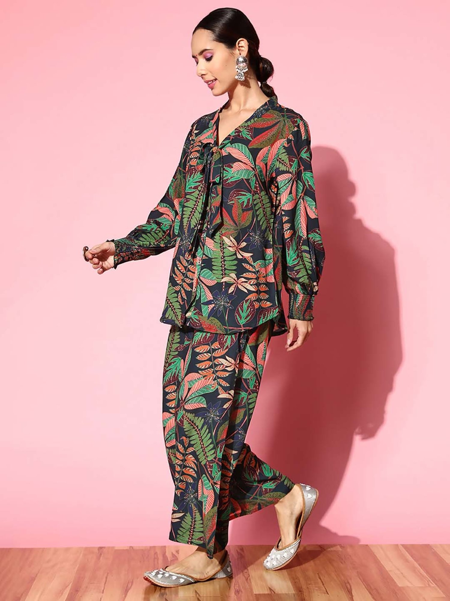 Indo Era Navy & Green Printed Tunic Palazzo Set