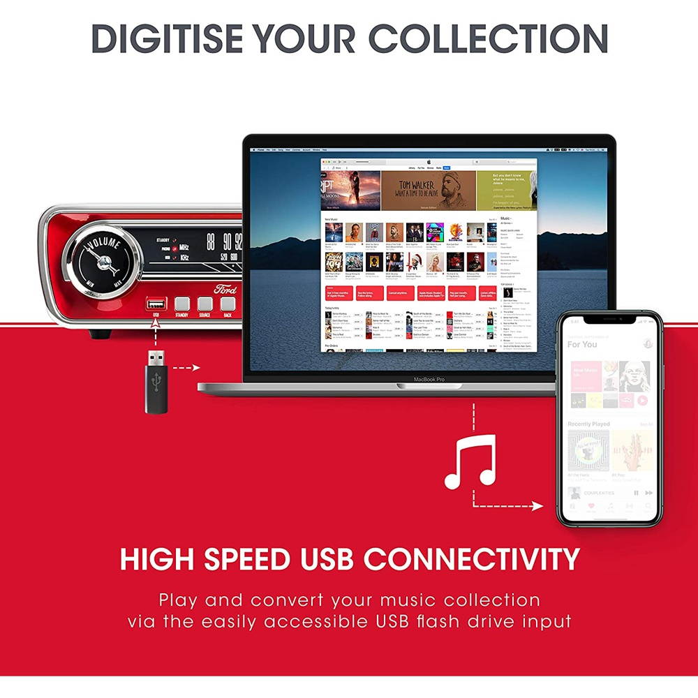 Ion Audio Mustang LP 4-in-1 Classic Car-Styles Music Center (Red) - (MUSTANGLPRED)