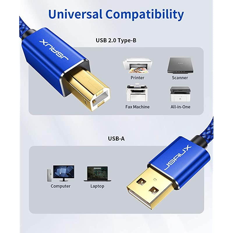 Printer Cable,  6ft USB 2.0 Type A Male to B Male Printer Scanner Cord High Speed Compatible with HP, Canon, Dell, Epson, Lexmark, Xerox, Samsung and More (Blue)