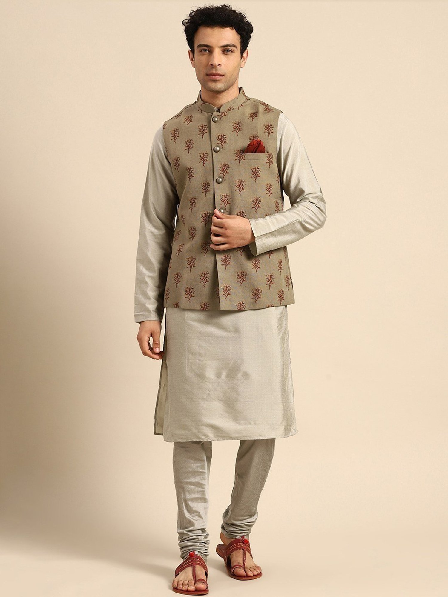 KISAH Grey Regular Fit Printed Kurta Set With Jacket