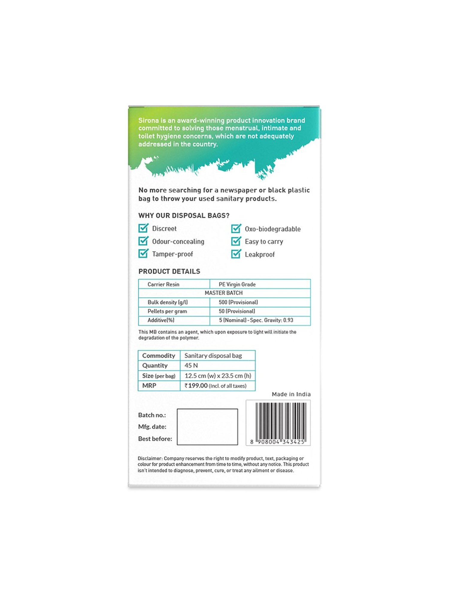 Sirona Sanitary Disposal Bags - 90 Bags (2 Pack - 45 Bags Each)