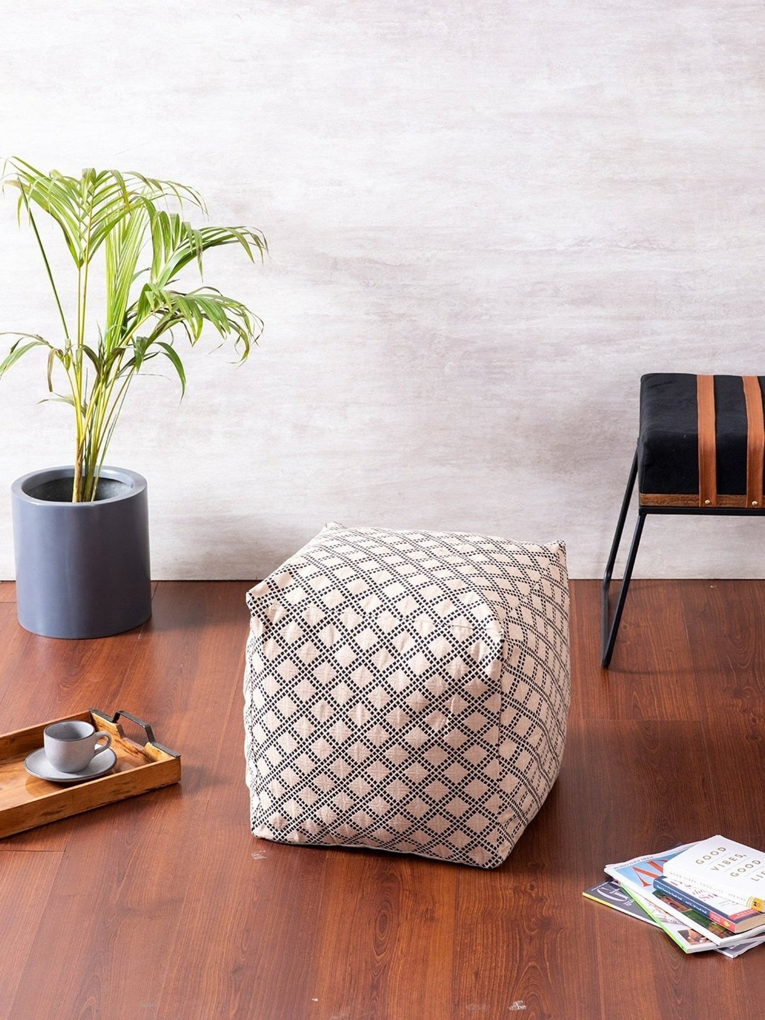 Nestroots Printed Beige Cotton Foot Stool Floor Cushions with Filler