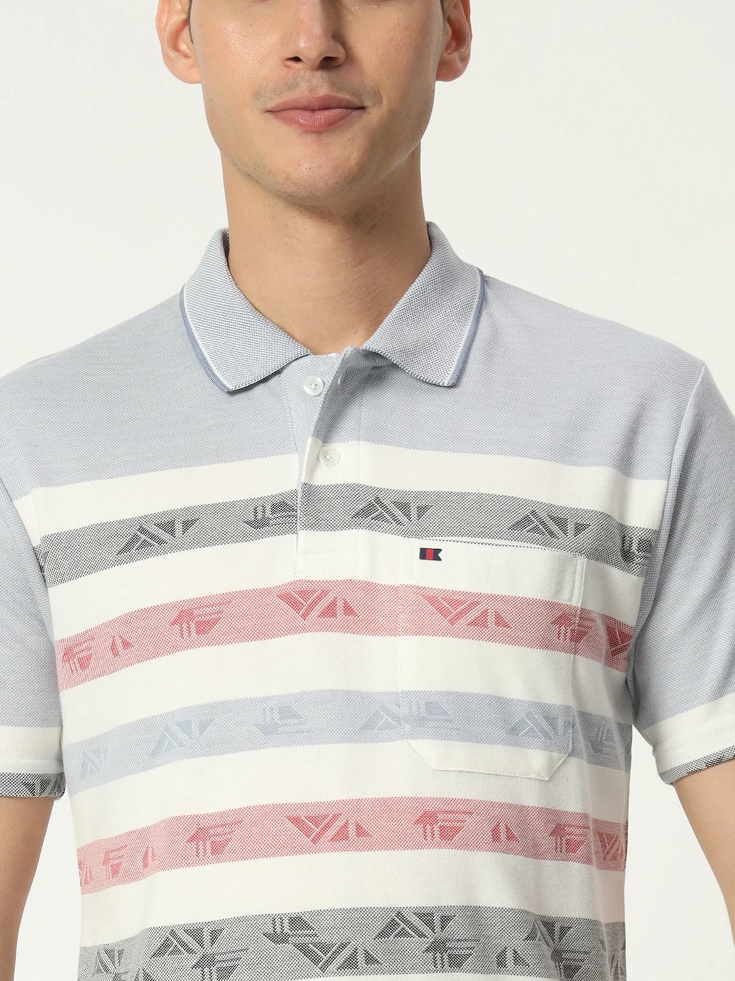 Tab91 Grey Regular Fit Striped Polo T-Shirts
