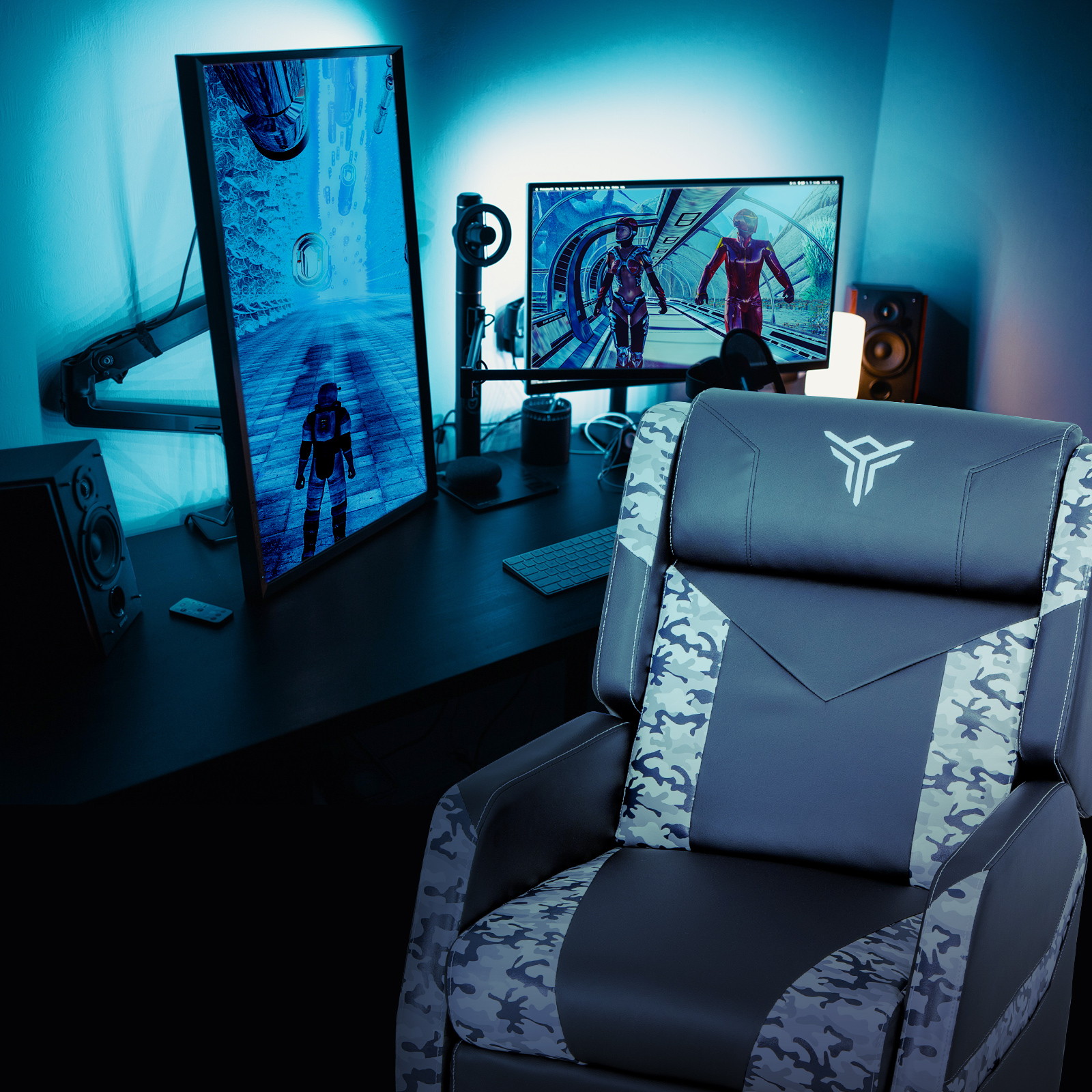 ELECWISH Massage Gaming Recliner Chair Racing Style Single Lounge Sofa PU Leather Reclining with Footrest and Massage Function Gaming Room Recliner Home Theater Seating(Black Blue White)