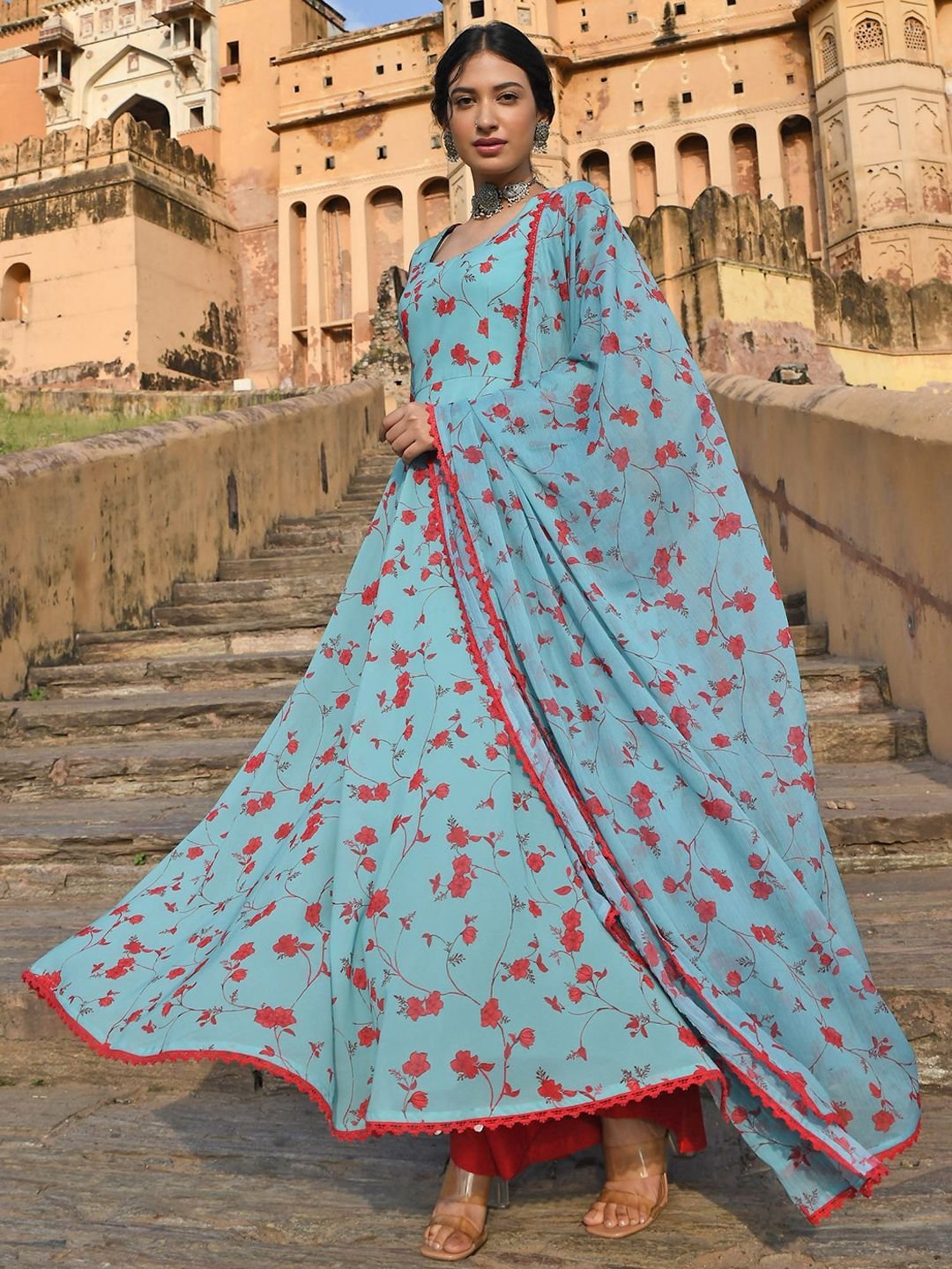 Janasya Sea Green & Red Floral Print Kurta Palazzo Set With Dupatta