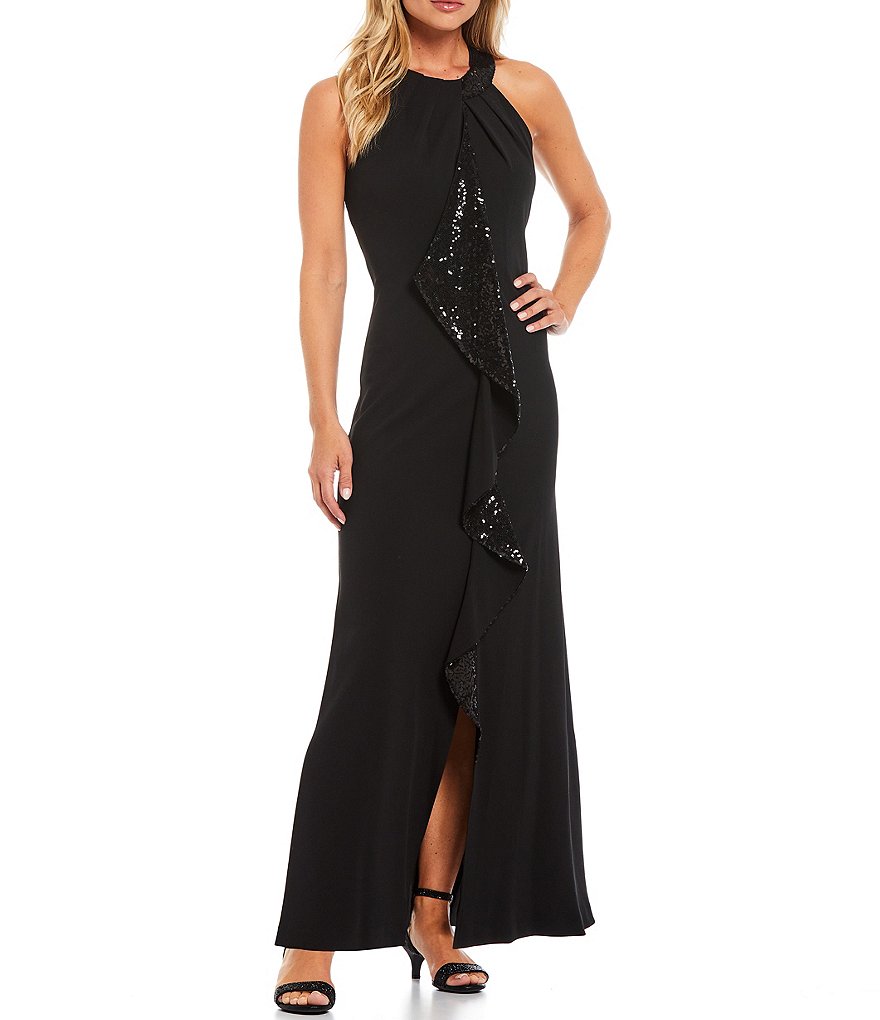 Ignite Evenings Petite Stretch Crepe Sequin Cascade Ruffle Halter Neck Long Sleeveless Sheath Gown