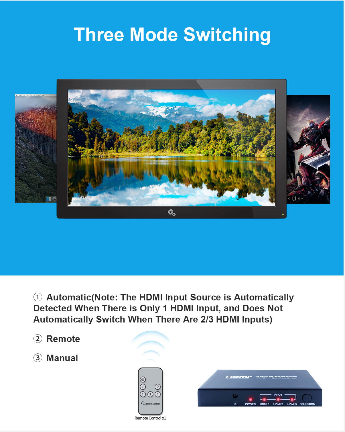 3 In 1 Out HDMI Auto Switch Box Plus Remote, 4K Ultra HD at 30Hz Switcher