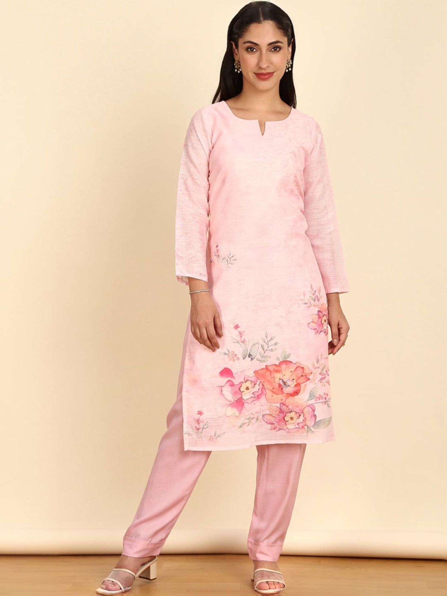 Soch Womens Pink Floral Print Linen Unstitch Dress Material With Beads And Stones