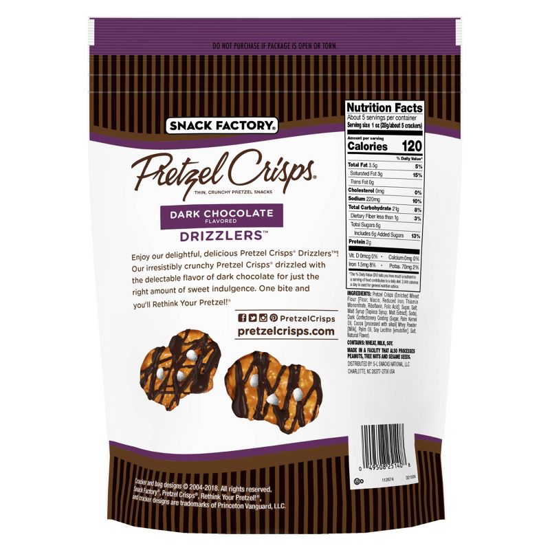 Snack Factory Dark Chocolate Drizzlers Pretzel Crisps - 5.5oz