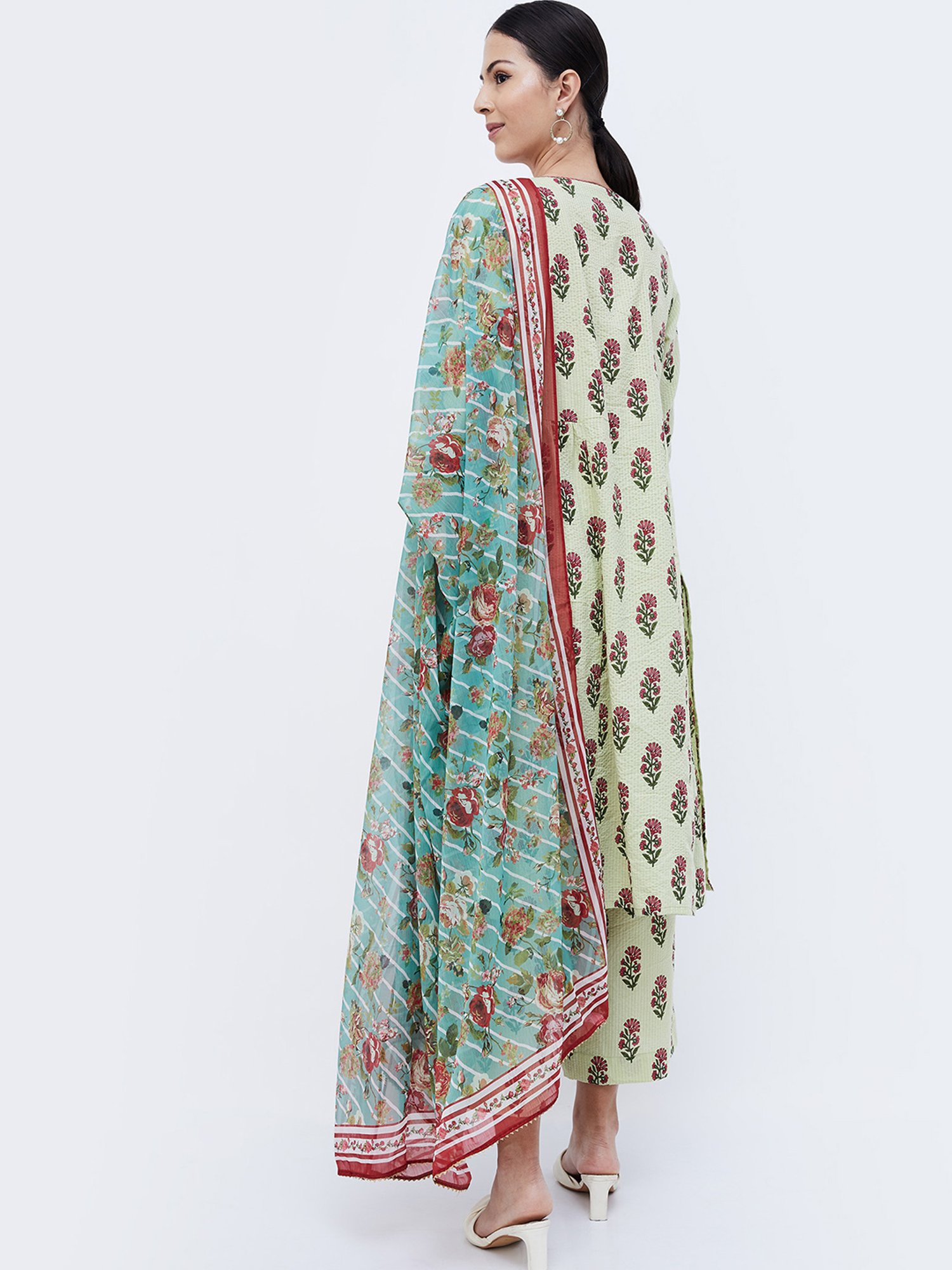 Melange by Lifestyle Sea Green & Pink Floral Print Kurta With Pants