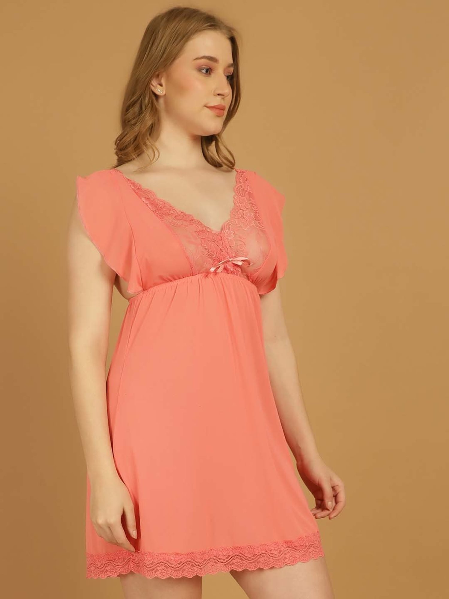 Stylee LIFESTYLE Pink Lace Work Babydoll With Brief