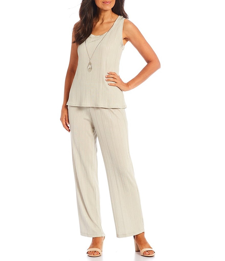 R & M Richards Pleated Foil Knit Flyaway 3/4 Sleeve Scoop Neck Jacket 3-Piece Pantsuit