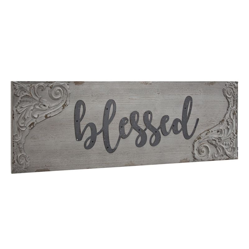 36" x 12" Blessed Wood and Metal Vintage Wall Plaque Sign White - American Art Decor