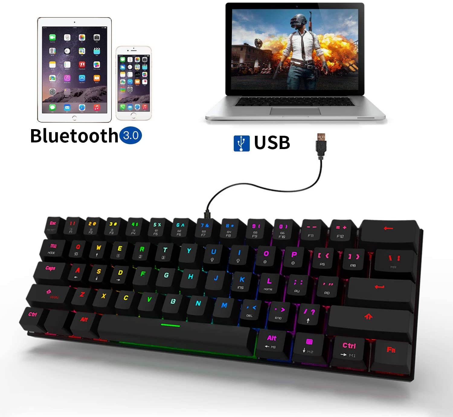 Motospeed CK62 Wireless 60% Mechanical Gaming Keyboard,Ultra-Compact 61 Keys Tenkeyless  Bluetooth/Wired Dual Mode Keyboard, RGB Backlight, Compatible for Multi-Device Connection (Blue Switch, Black)