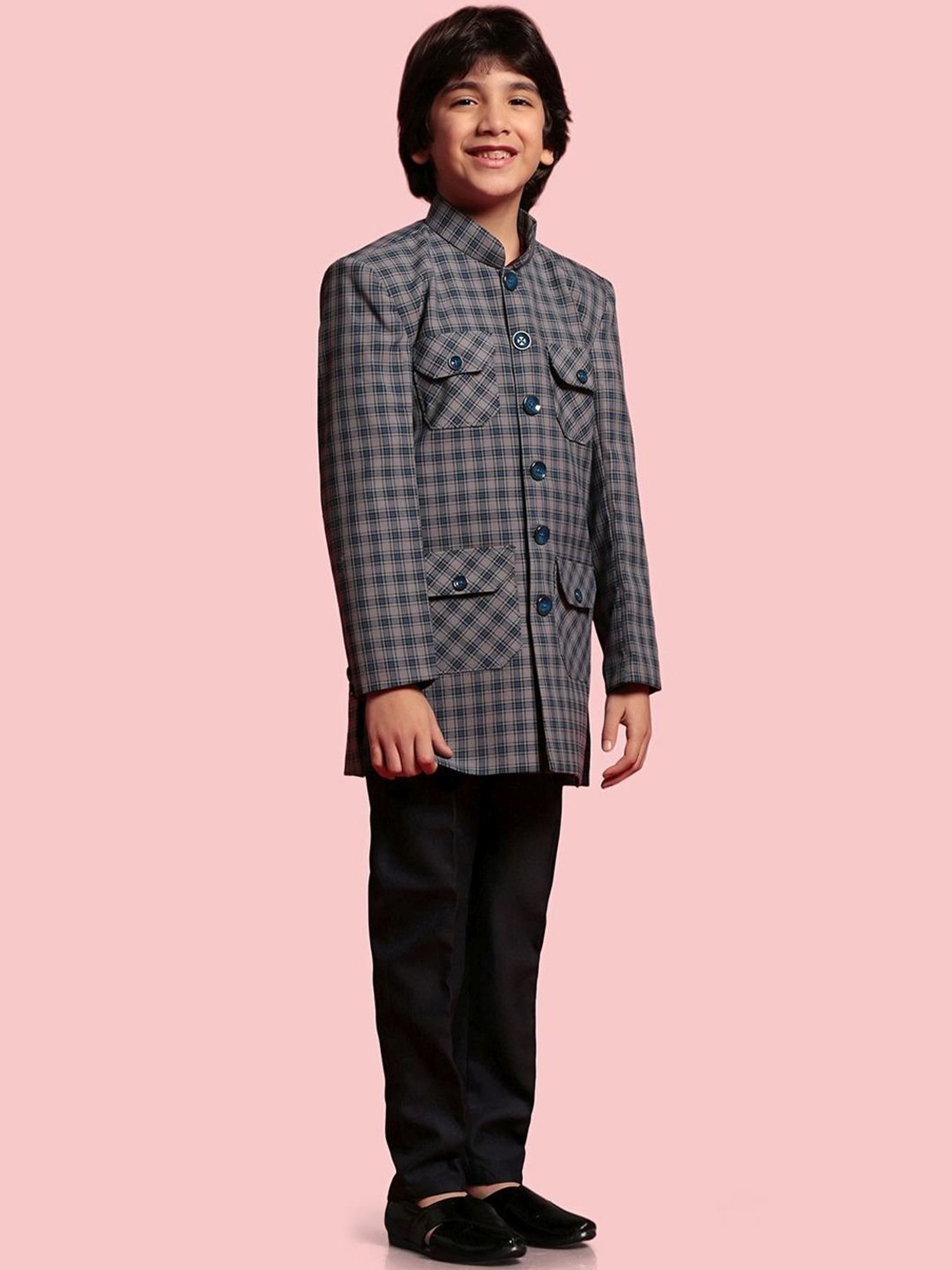 AJ Dezines Kids Blue & Black Chequered Full Sleeves Blazer Set