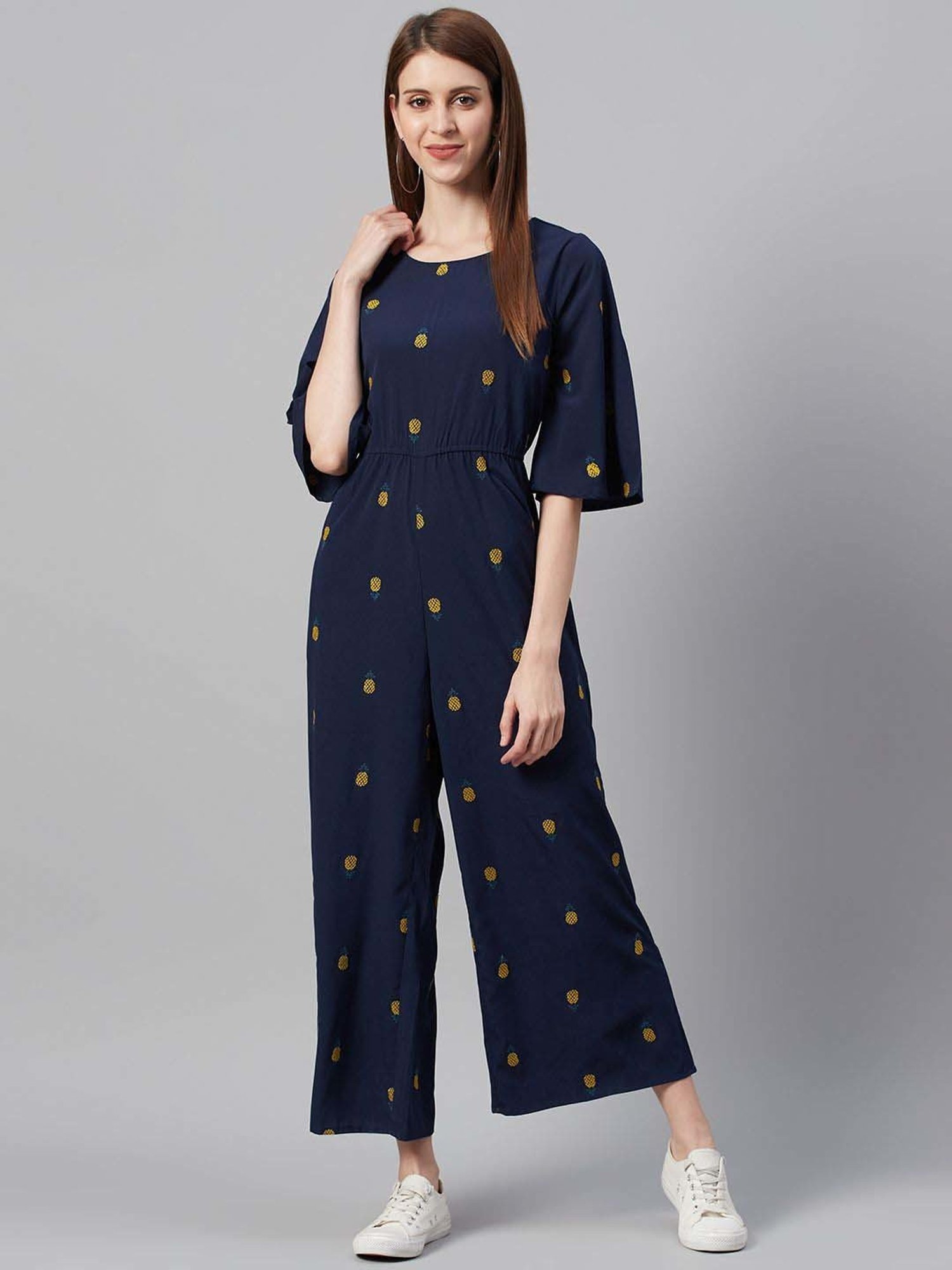 Juniper Dark Blue Quirky Printed Poly Crepe Jumpsuit With Thread Work Embroidery