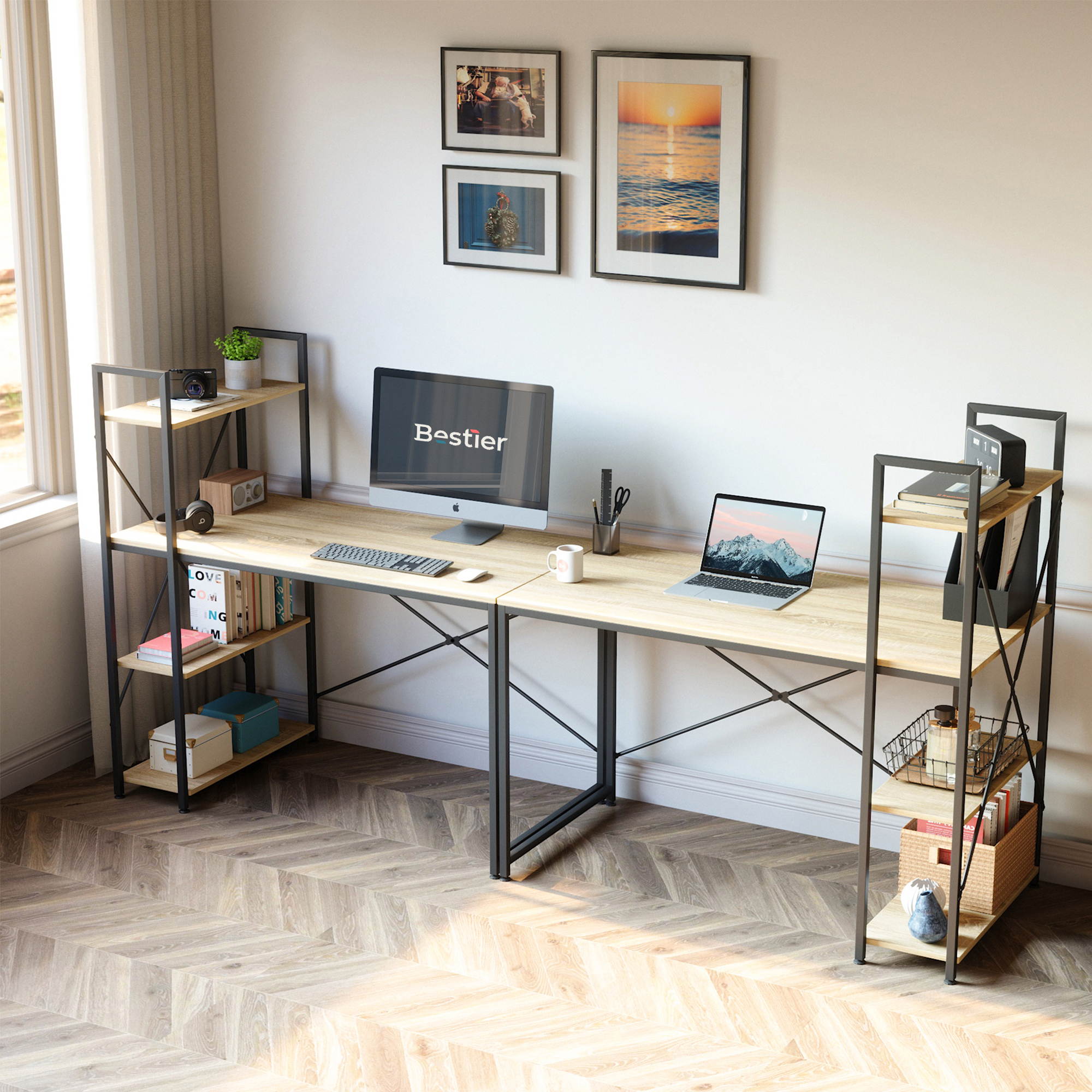 Bestier 63 Inch Computer Desk with Storage Shelves, Modern Bookshelf Desk with Headphone Hook Large Workstation Writing Desk with Reversible Bookshelves Home Office Work Table Study Desk Grey