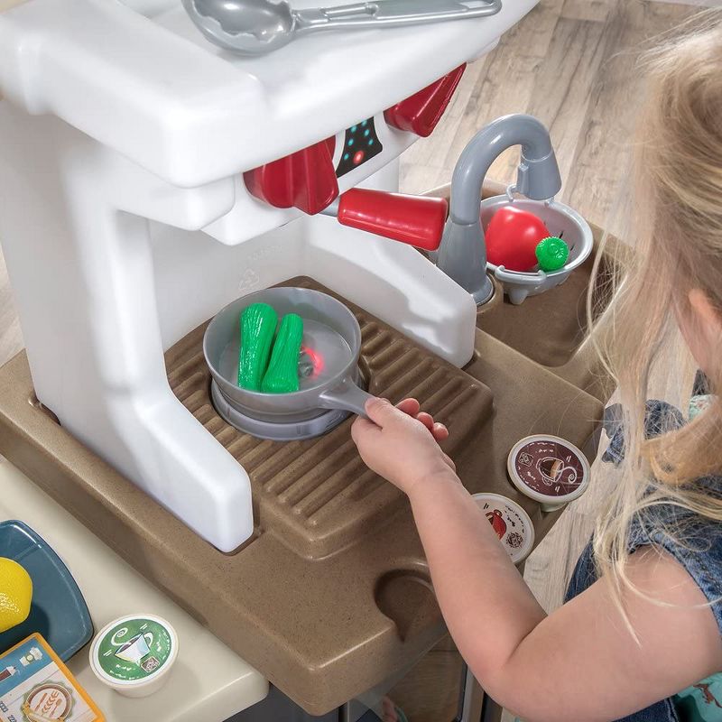 Step2 Coffee Bean Cafe Kids Play Pretend Mini Kitchen Shop Playset with 40 Piece Accessory Set, Microwave Oven, and Fridge for Toddler Food Cooking