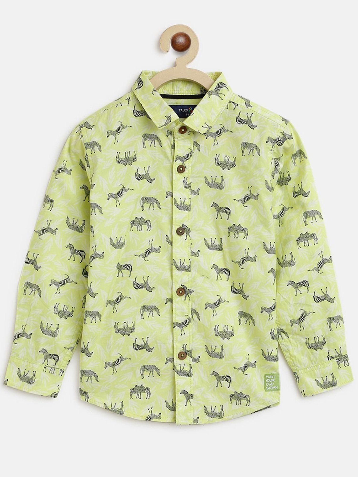 Tales & Stories Kids Neon Green Cotton Printed Full Sleeves Shirt