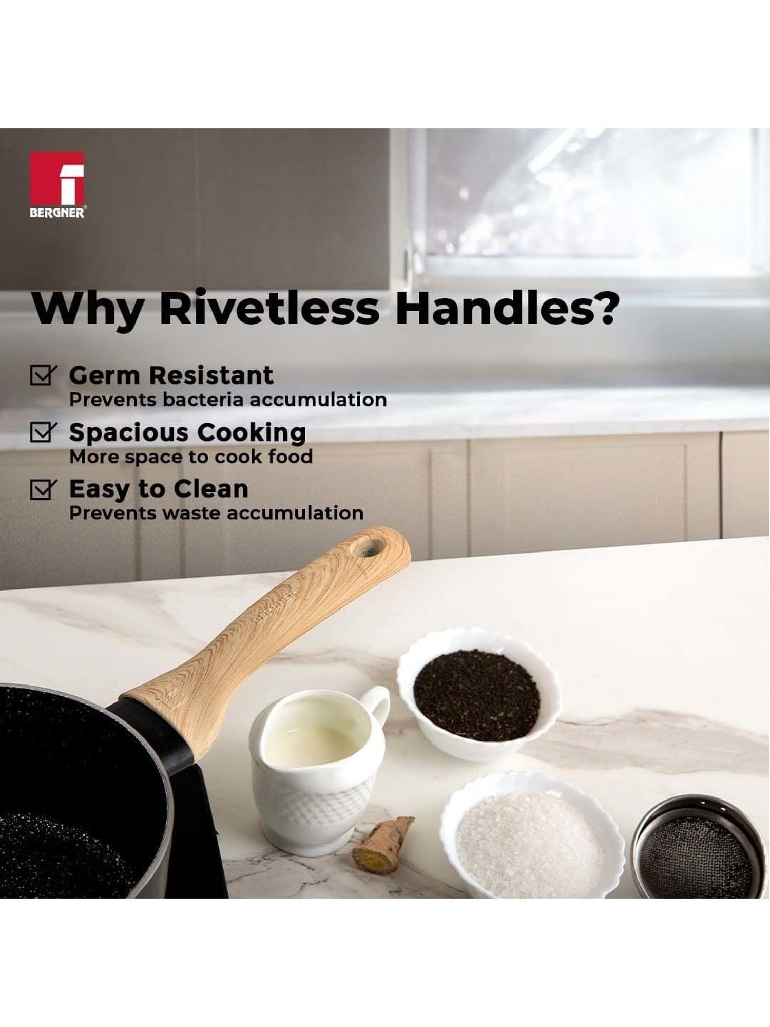 Bergner Bellini & Aura Black 16 cm Induction Saucepan With Wooden Finish Handle (1.8 L)