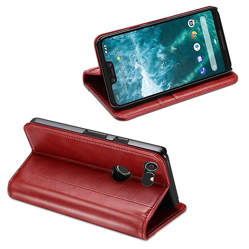 Genuine Leather Case for Pixel 3 XL, Vintage Wallet Folding Flip Case with Kickstand Card Holder Protective Cover for Google Pixel 3XL (2018 Release) -Red