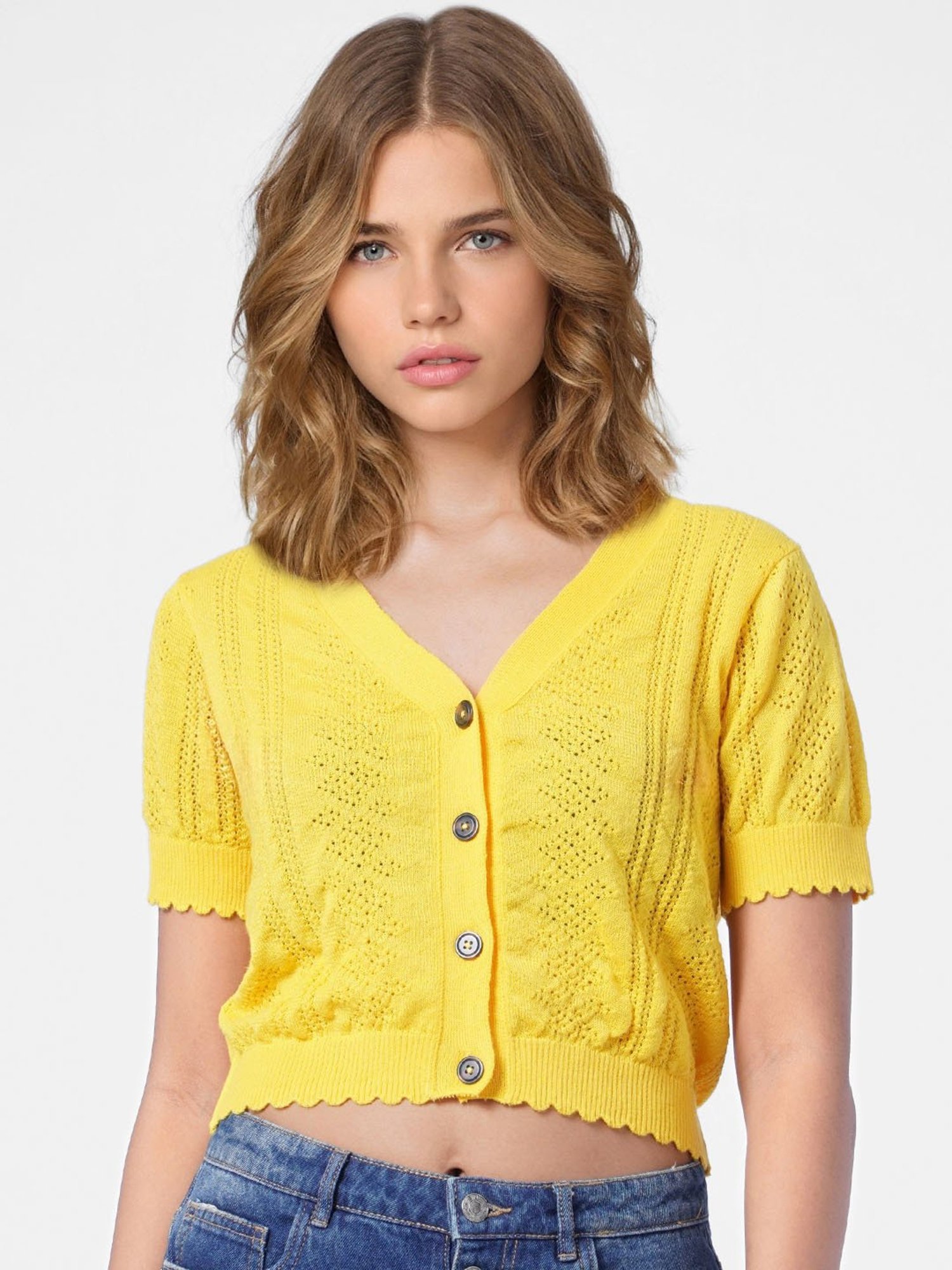 Only Yellow V Neck Crop Cardigan
