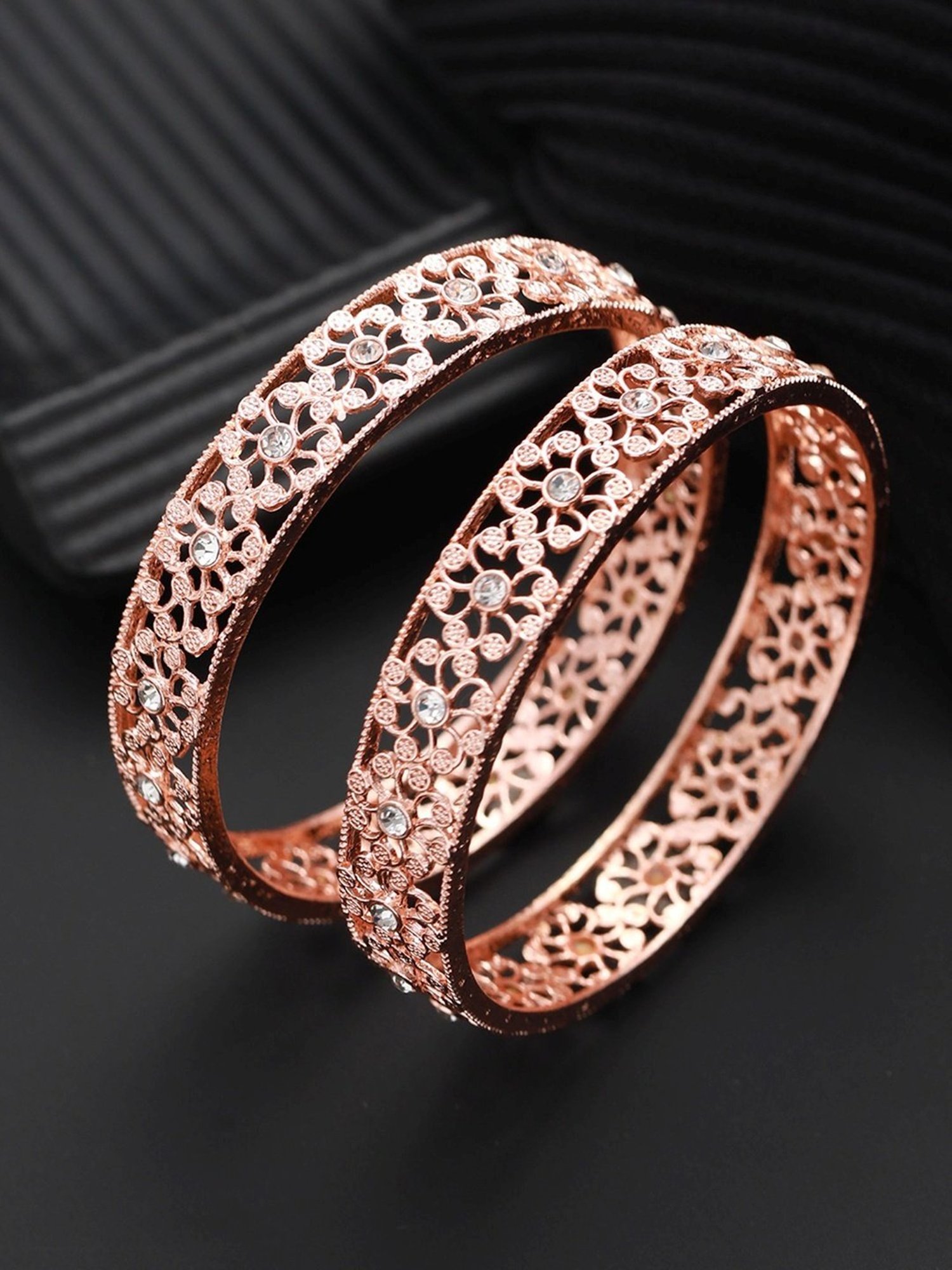 Aatmana Rose Gold-Plated Cubic Zirconia Studded Bangles for Women (Set of 2) - 2.6