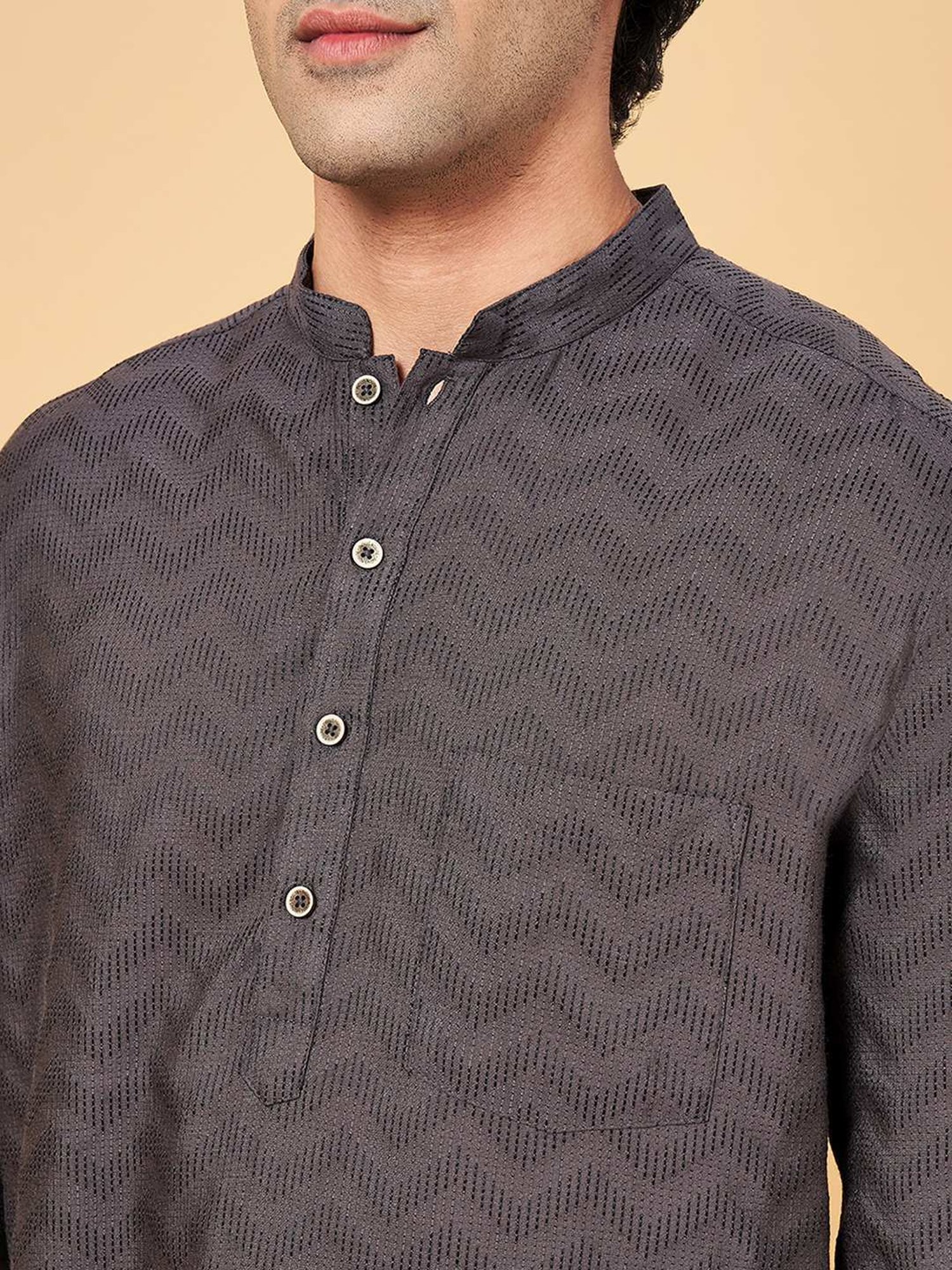 Indus Route by Pantaloons Grey Cotton Regular Fit Printed Short Kurta