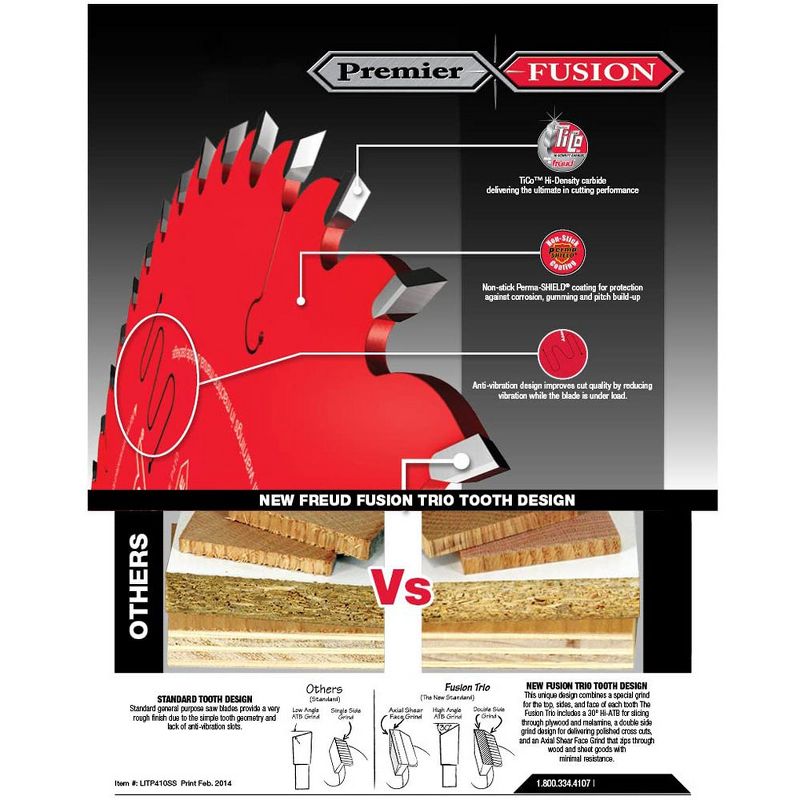 Freud P410T 10 Inch 40T Thin Kerf Next Generation Fusion Trio General Purpose Anti Vibration Cutting Saw Blade for Crosscutting and Ripping (4 Pack)