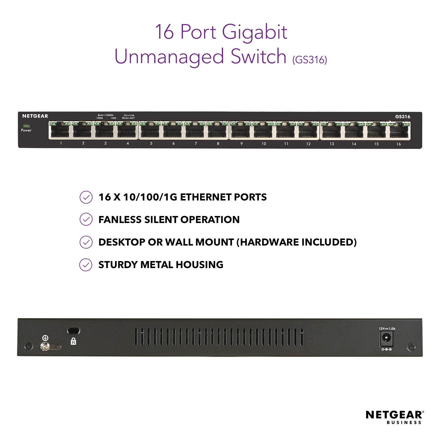 NETGEAR 16-Port Gigabit Ethernet Unmanaged Switch (GS316) - Desktop, Fanless Housing for Quiet Operation