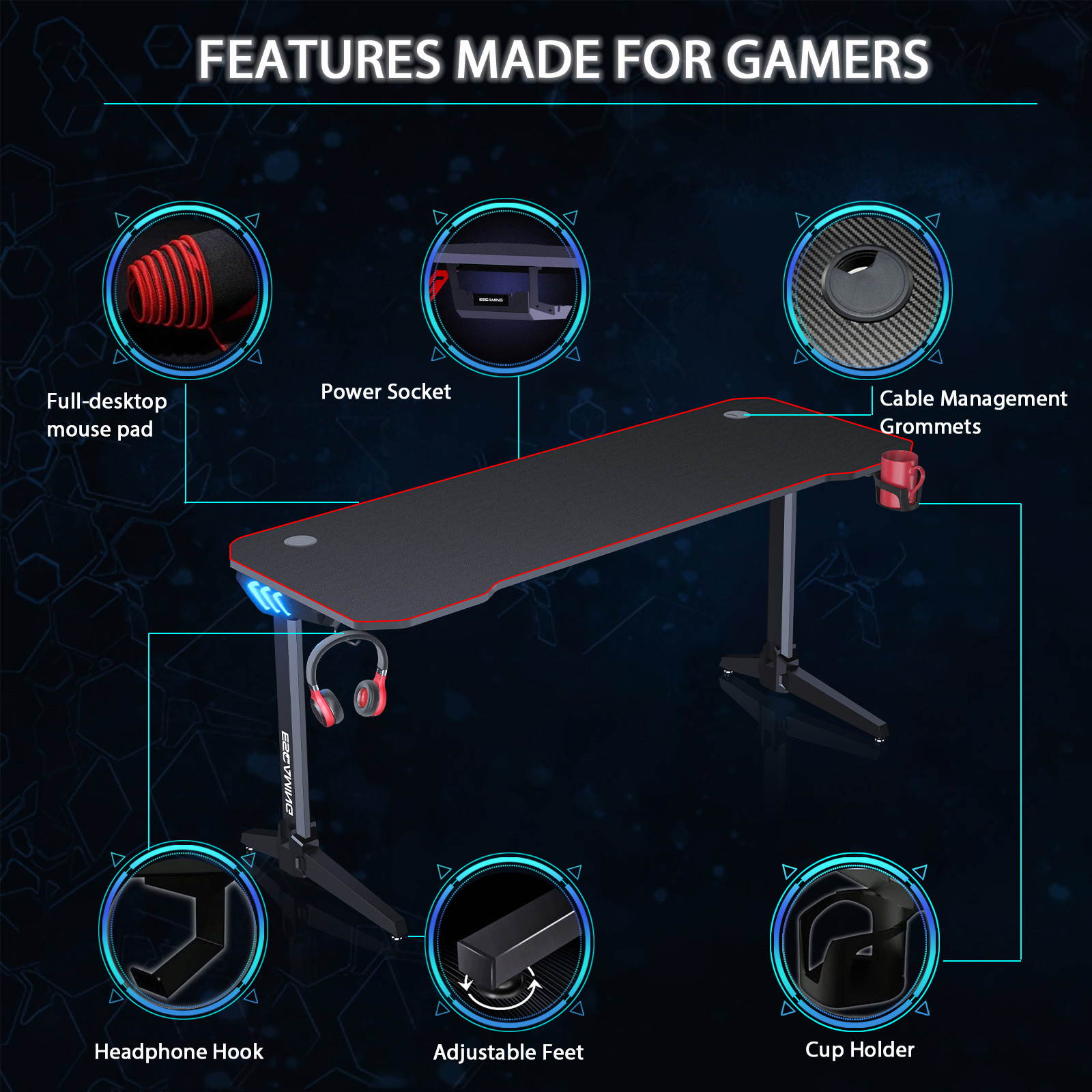 ESGAMING 55.2 Inch RGB light strip Gaming Desk  PC Computer Desk Y-shaped Table Home Office Desk with over-size full black Mouse Pad, Free Headphone Hook, Gaming Handle Rack and Cup Holder (Black)