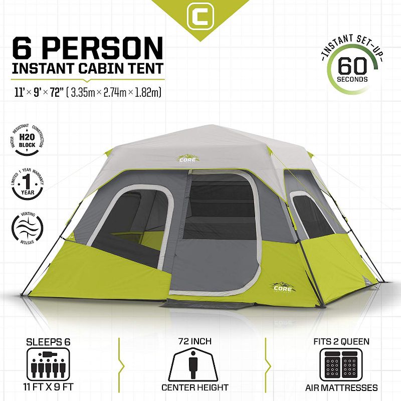 CORE Instant Cabin 11 x 9 Foot 6 Person Cabin Tent with Air Vents and Loft, Red