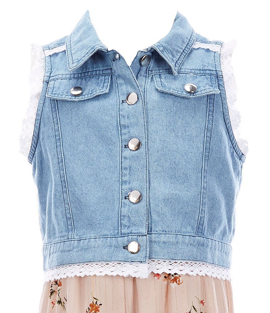 Rare Editions Big Girls 7-16 Printed Chiffon Jumpsuit & Denim Vest Set