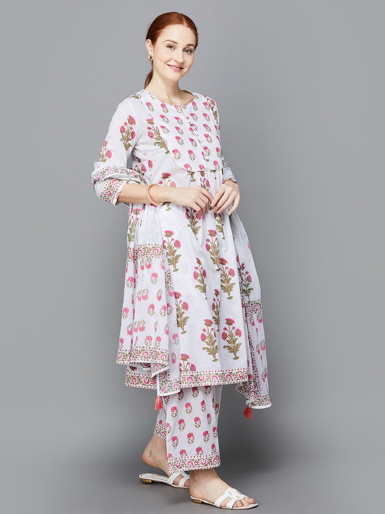 Melange by Lifestyle Off White & Pink Cotton Floral Print Kurta With Pants & Dupatta
