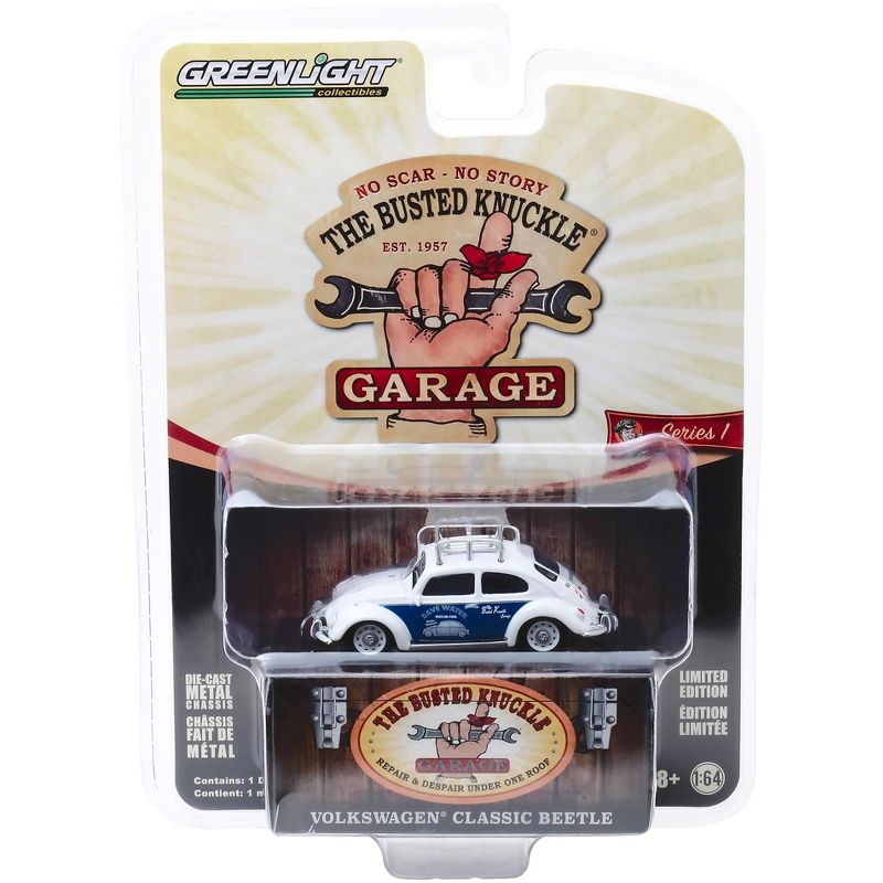 Classic Volkswagen Beetle w/Roof Rack White "Save Water" "Busted Knuckle Garage" Series 1 1/64 Diecast Car by Greenlight