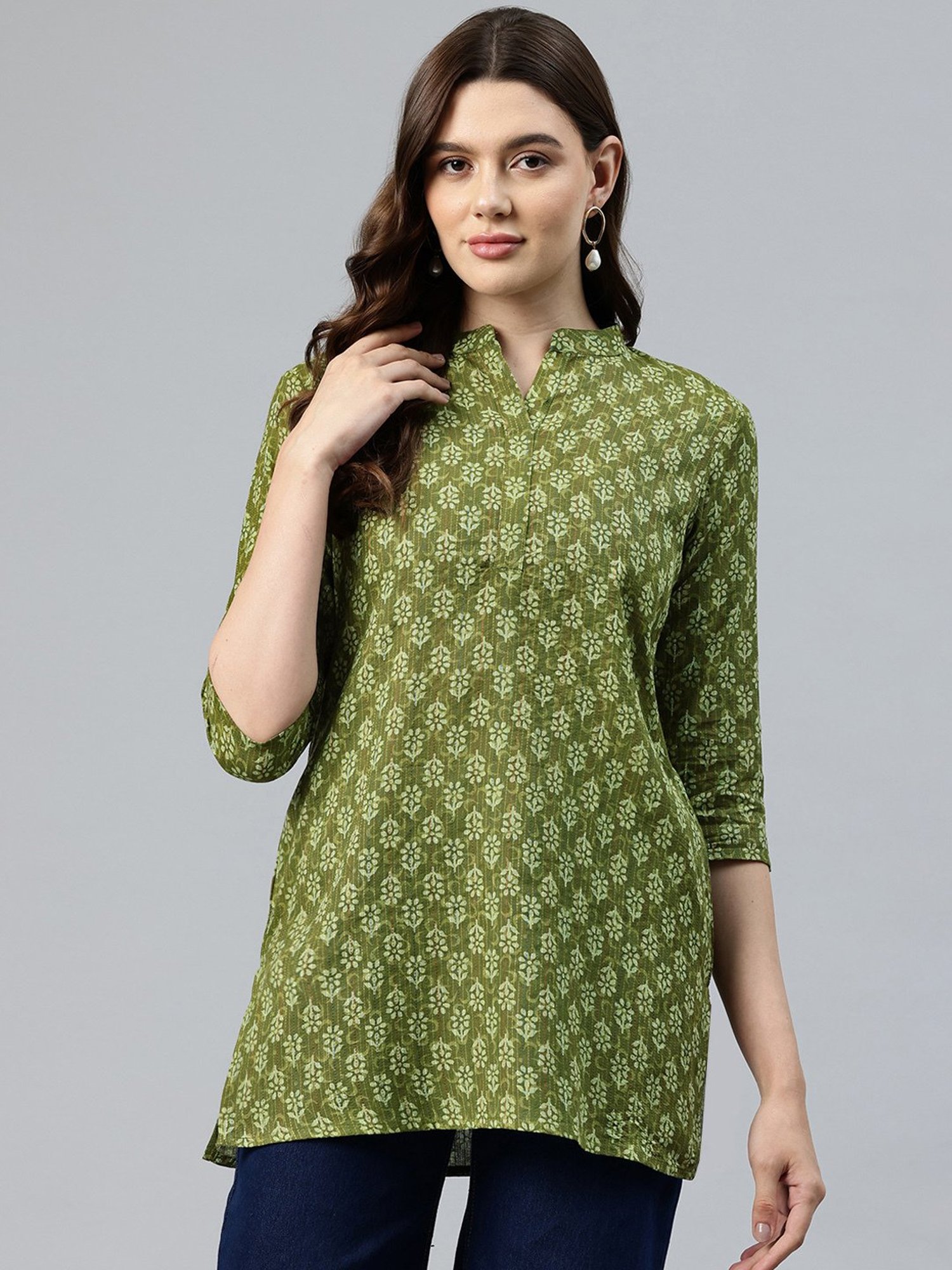 One Femme Green Cotton Printed A Line Kurti