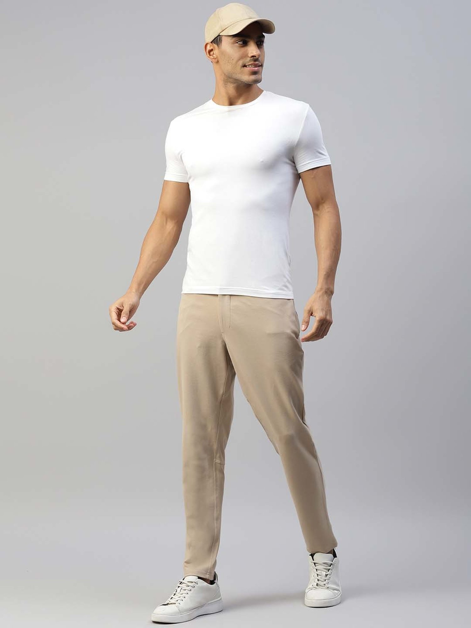Slowave Beige Regular Fit Flat Front Trousers