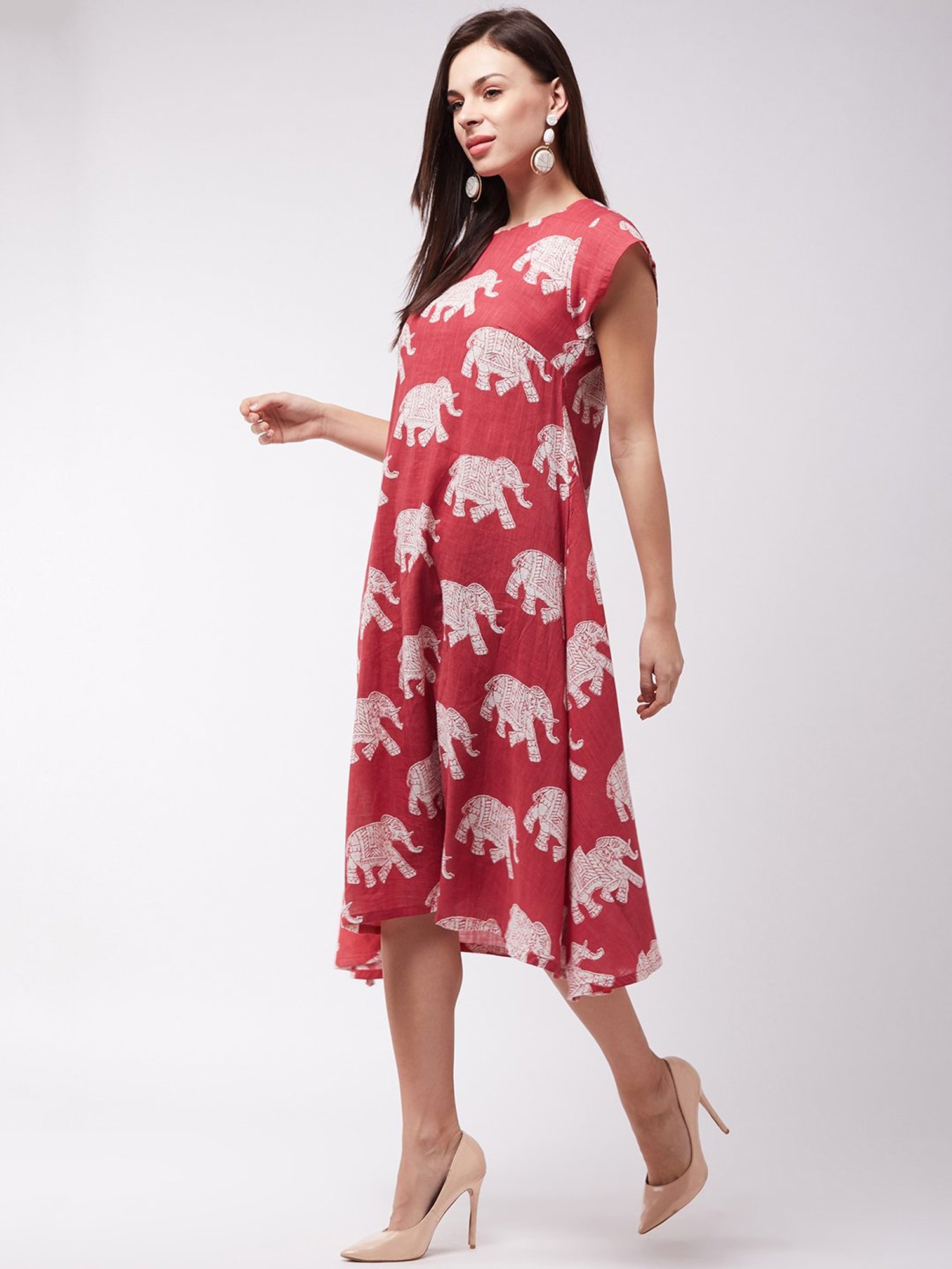 Inweave Red Cotton Printed A Line Dress