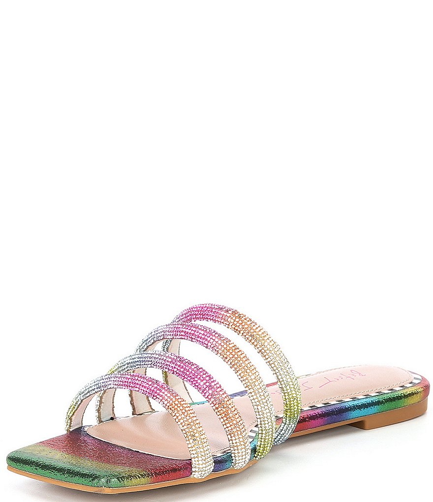 Betsey Johnson Dilon Triple Band Rainbow Square Toe Flat Slides
