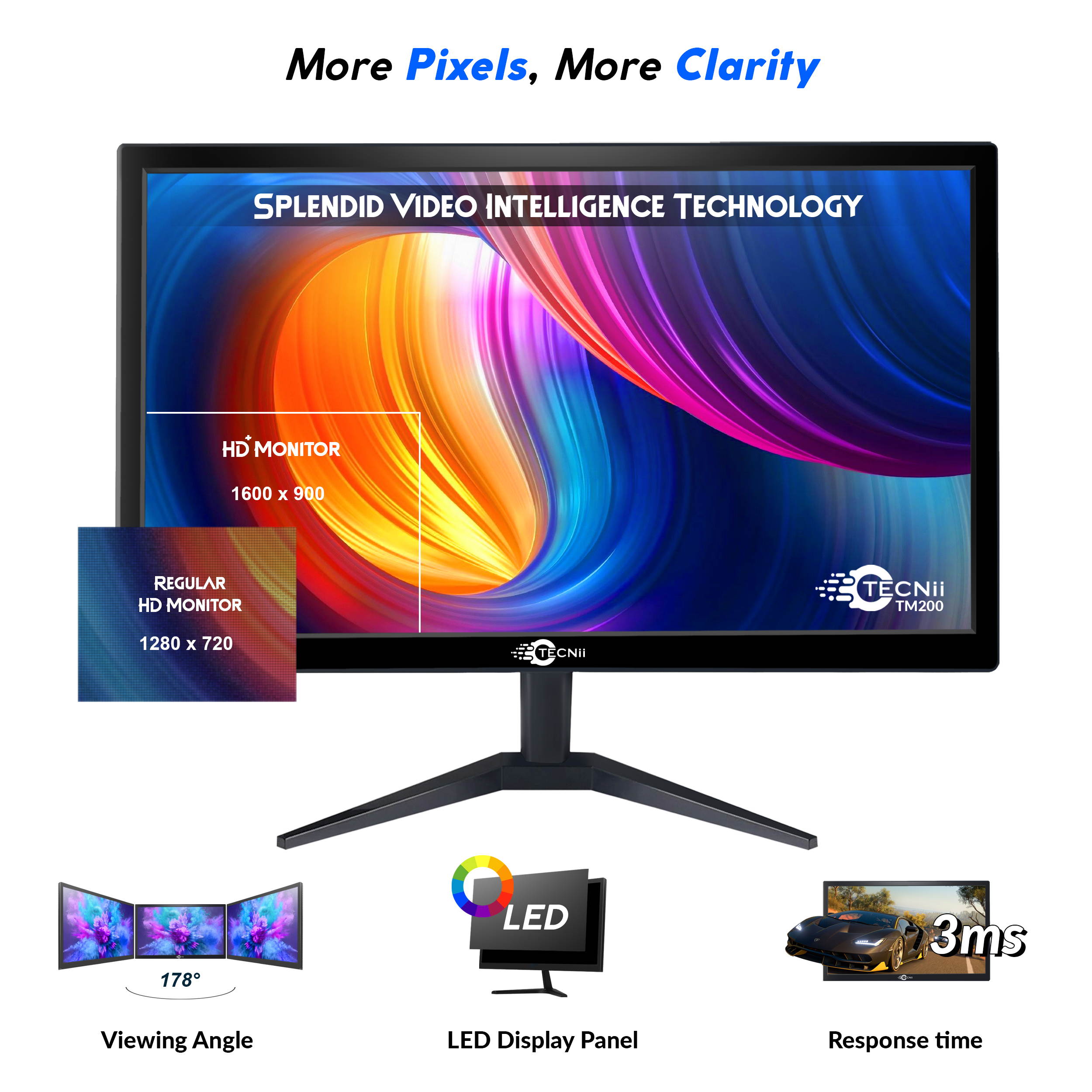 Tecnii TM200 20" Screen Widescreen Monitor, Resolution HD+ 1600 * 900, Brightness 250 cd/m&sup2;, HDMI , VGA  - Black