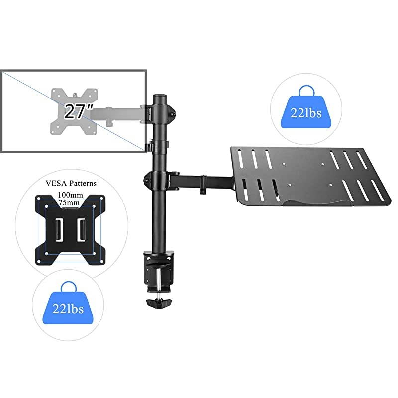 Full Motion Computer Monitor and Laptop Riser Desk Mount Stand, Height Adjustable (400mm), Fits 13-27 inch Screen and up to 17 inch Notebooks, VESA 75/100, up to 22lbs for Each (MD6432TP004)