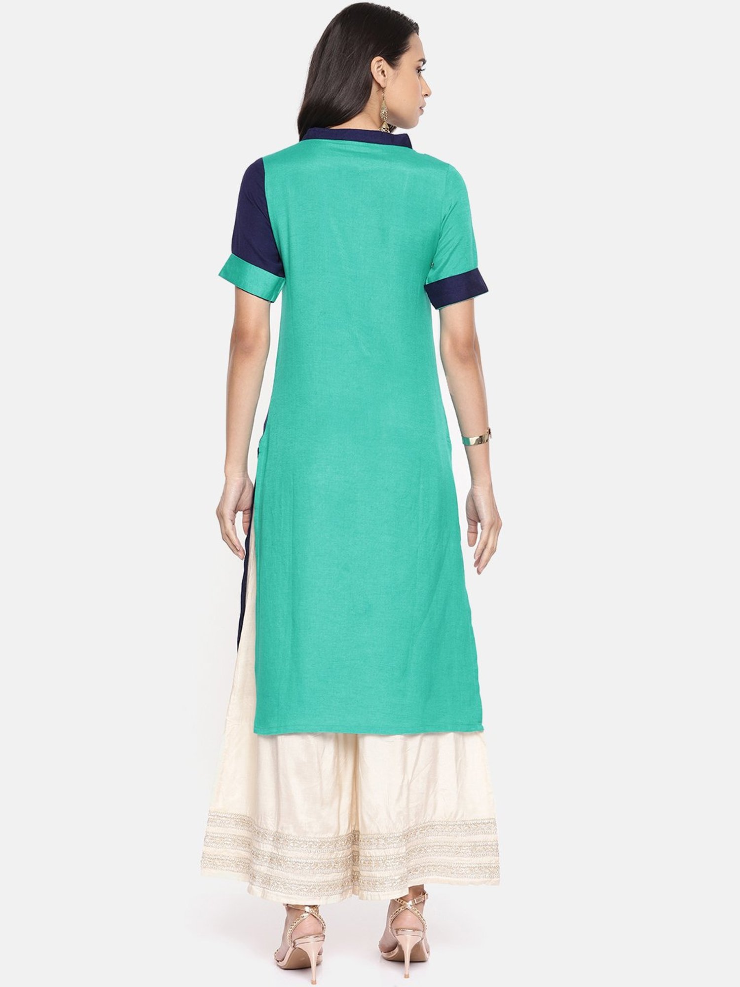 Alena Green & Navy Embroidered Straight Kurta