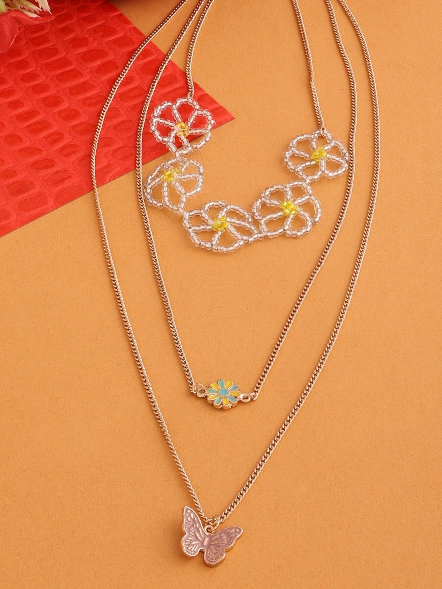 Zaveri Pearls Yellow Flowers Beaded & Butterfly Drop 3 Layers Necklace -ZPFK14046