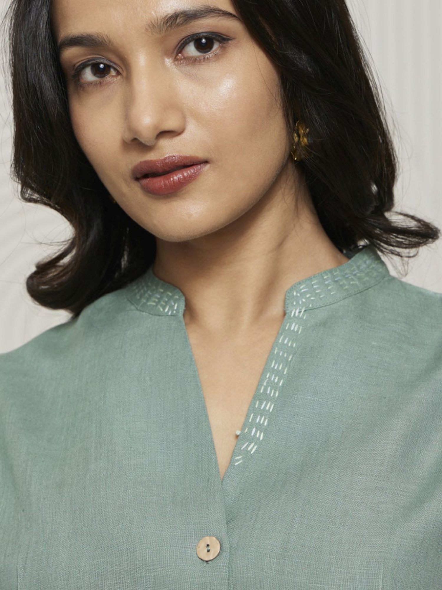 Artagai Nilgiri Green Linen Co-Ord Set with Culotte and Round Neck Band Collar Top