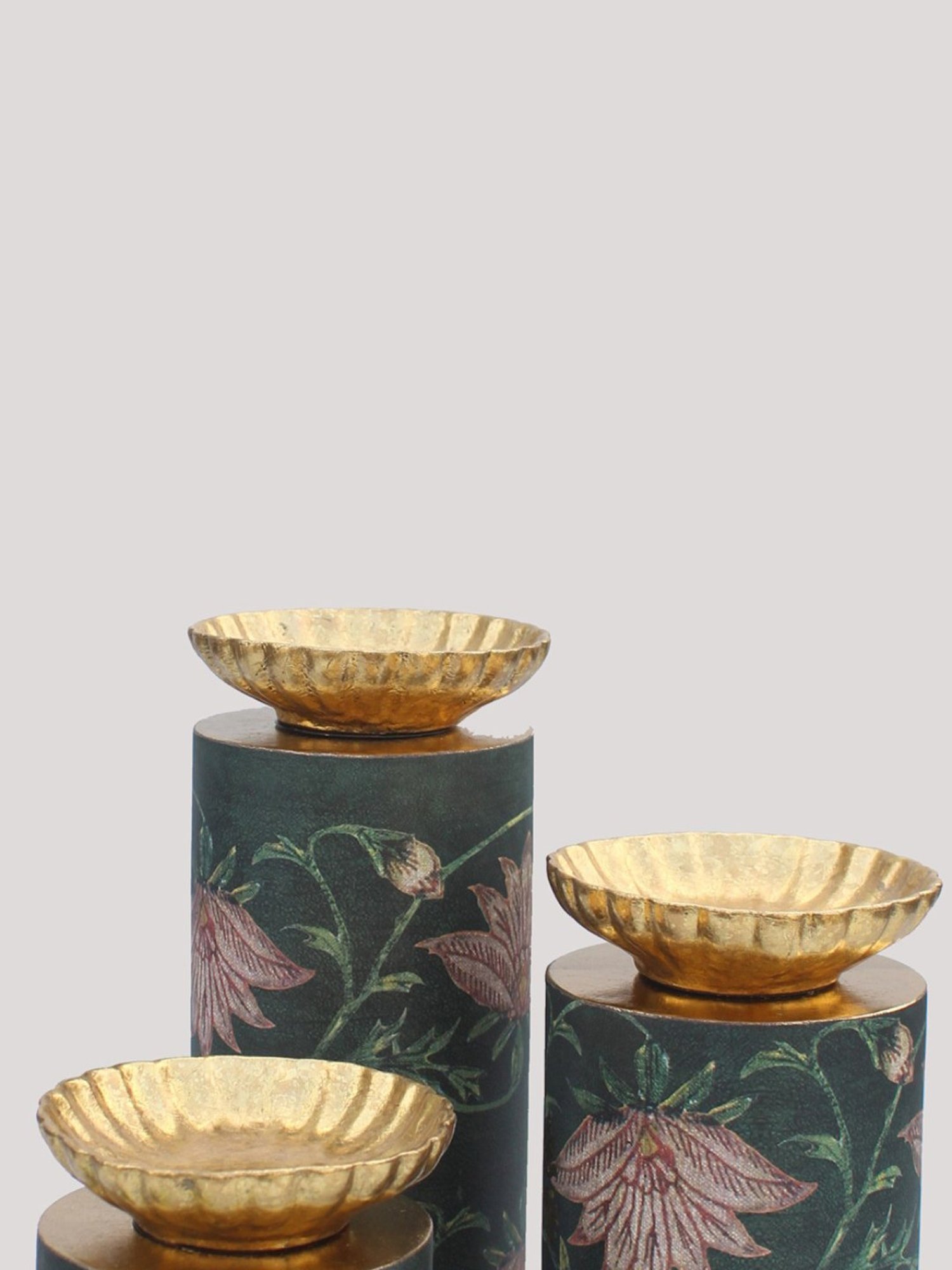 Karo Aafiya Printed Dark Green Wood Big Pillar Candle Holder