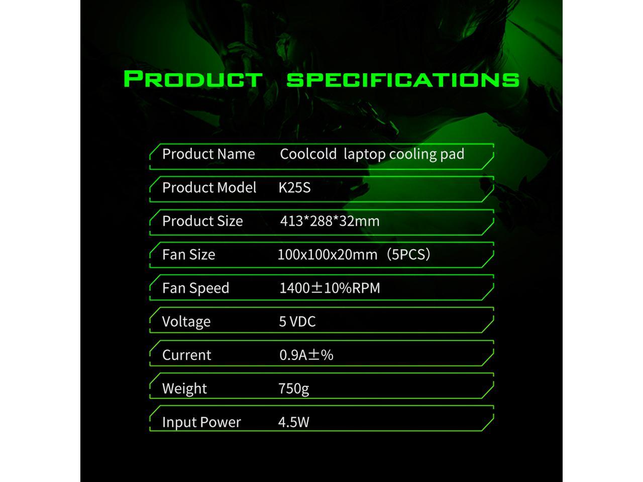 Laptop Cooling Pad, Laptop Cooler with 5 Quiet Red LED Fans for 12"-17" Inch Laptop, Dual USB 2.0 Ports, Portable Angle Adjustable Laptop Stand for Gaming Laptop-Green