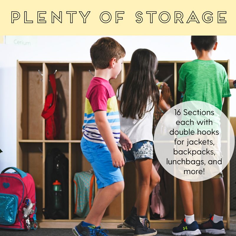 ECR4Kids Birch 16-Section Slim-Fit School Storage Coat Locker with Hooks for Toddlers and Kids