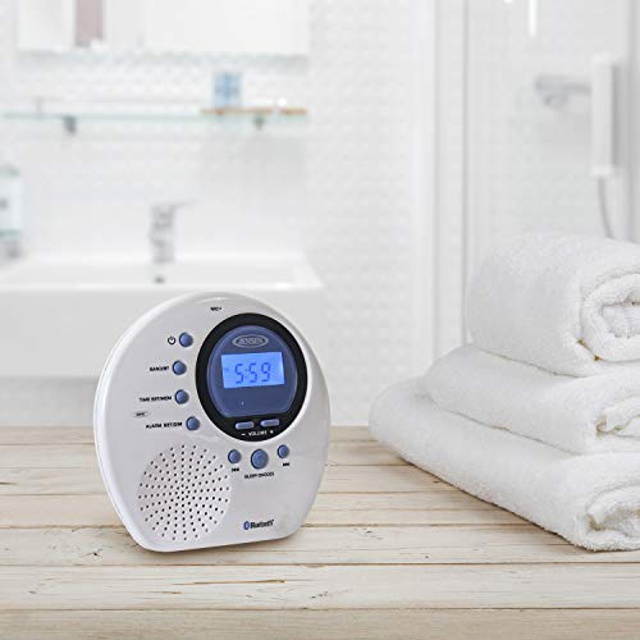 Jensen JWM-160 Water-Resistant Digital AM/FM Bluetooth Shower Clock Radio, Blue