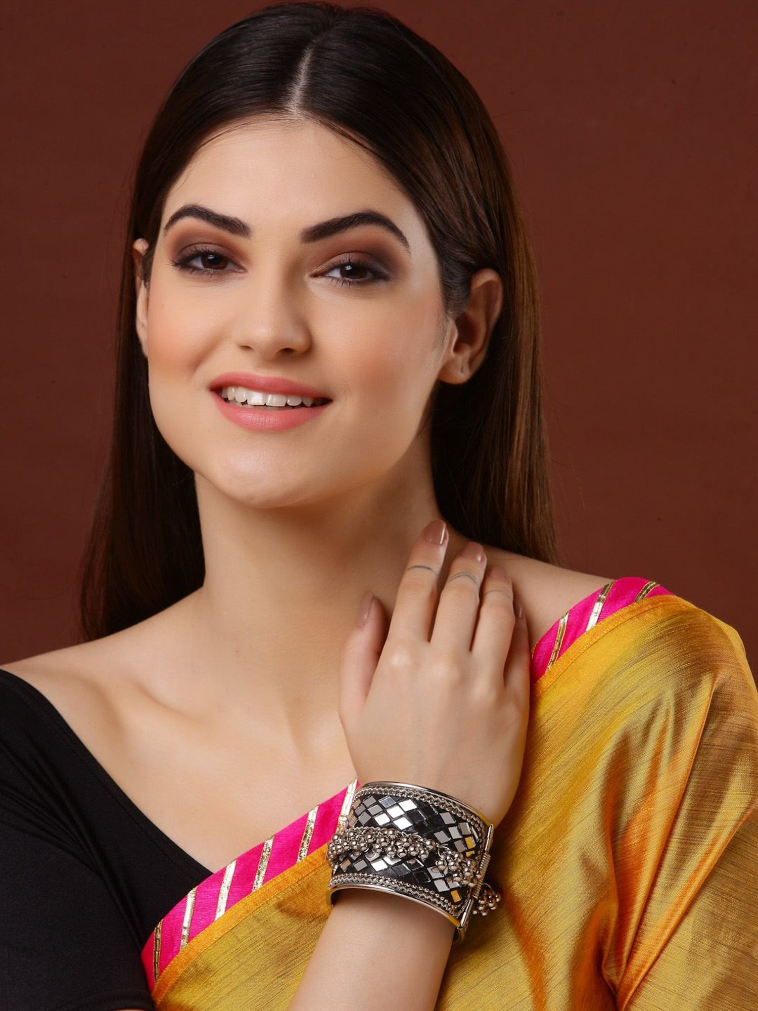 Moedbuille Mirrors & Ghungroo Studded Afghan Design Oxidised Silver Plated Handcrafted Bracelet